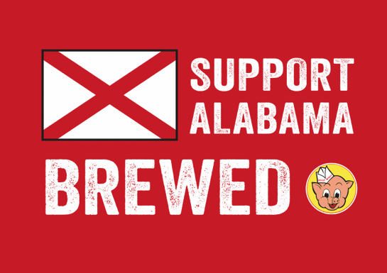 "Support Alabama Brewed" banner with Alabama state flag and Piggly Wiggly logo on a red background, promoting local beer.
